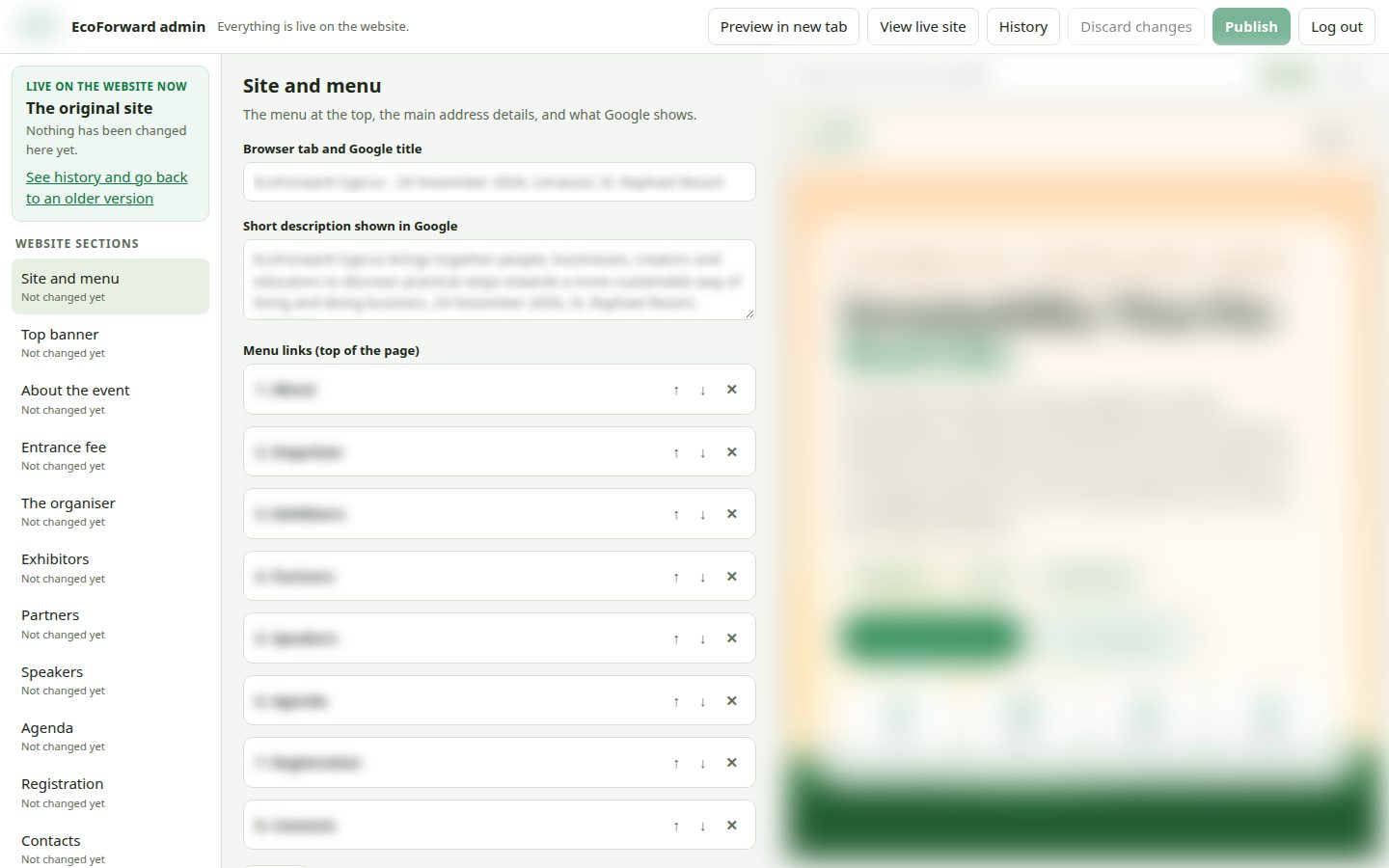 EcoForward admin editor with live preview, content blurred