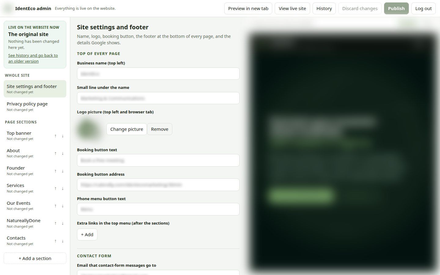 IdentEco admin editor with live preview, content blurred