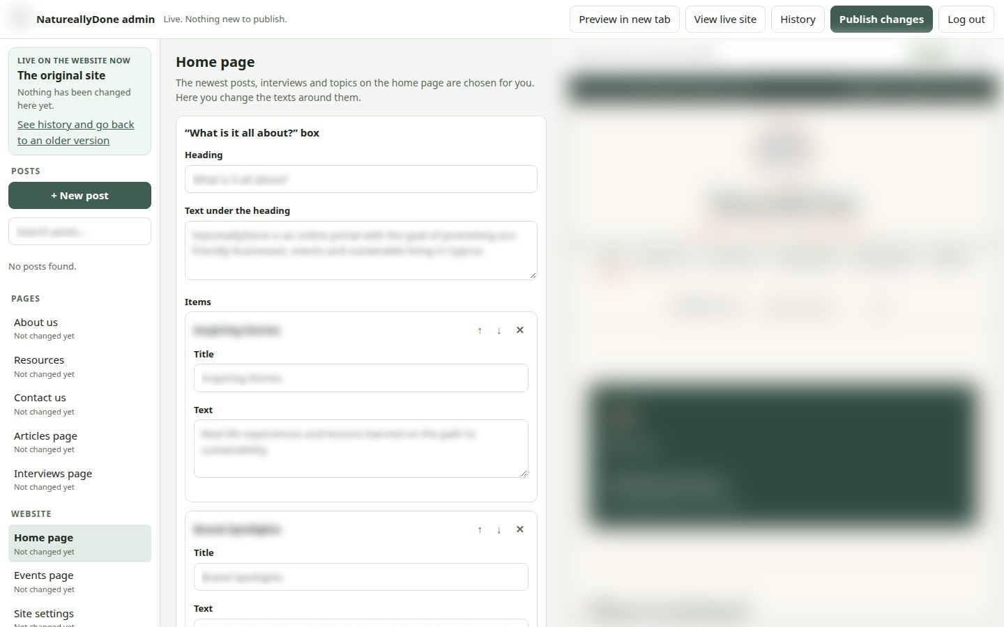 NaturallyDone admin editor with sample data, content blurred