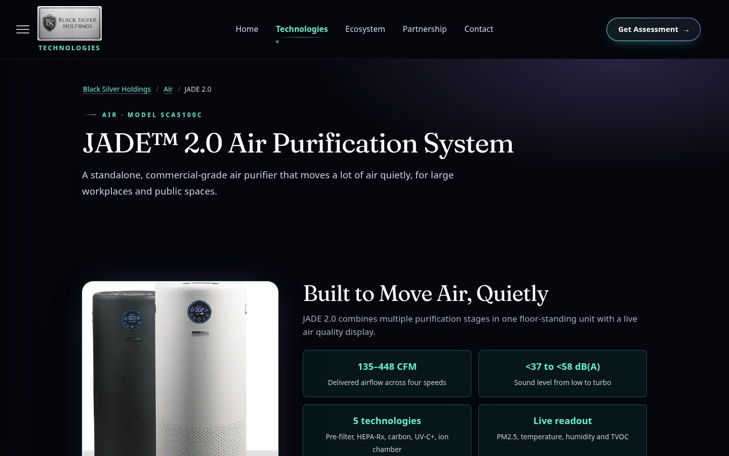 JADE 2.0 air purification system page